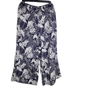 Tahari Women Wide Leg Crop Pant Medium Linen Blend Smocked Pull On Tropical Palm